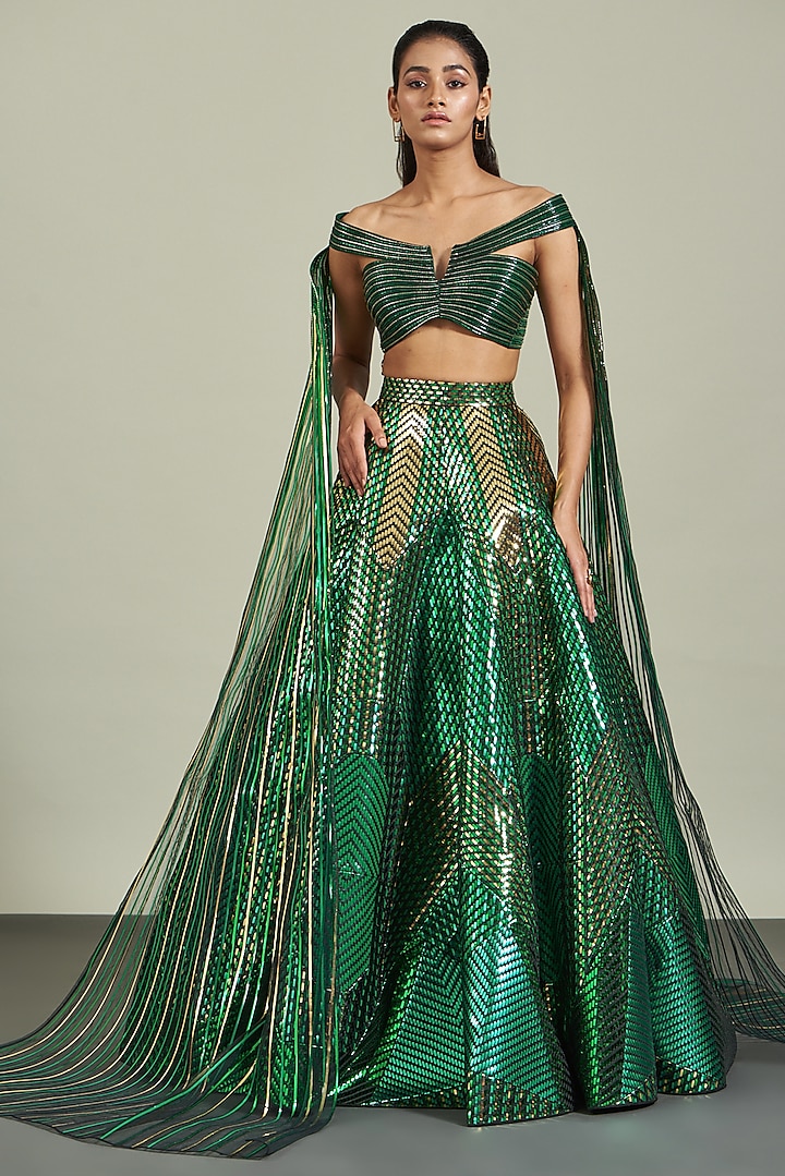 Emerald Handwoven Tulle Embroidered Lehenga Set by Amit Aggarwal