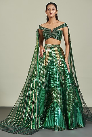 Emerald Handwoven Tulle Embroidered Lehenga Set by Amit Aggarwal