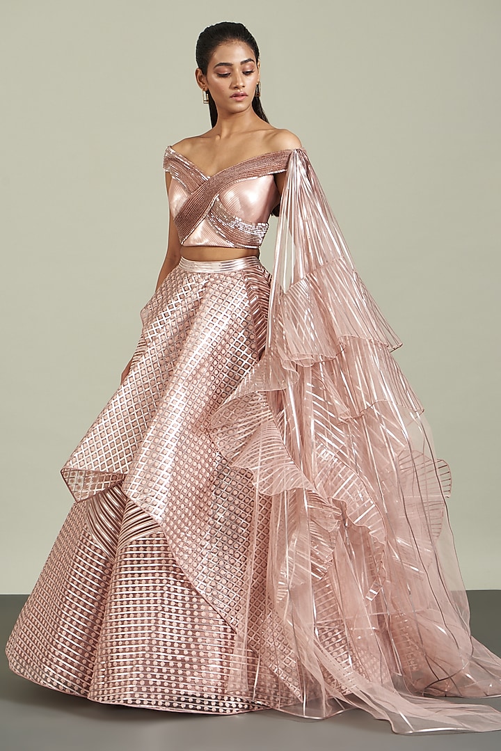Blush Pink Tulle & Metallic Polymer Bridal lehenga for 22 Lehenga Set by Amit Aggarwal at Pernia's Pop Up Shop