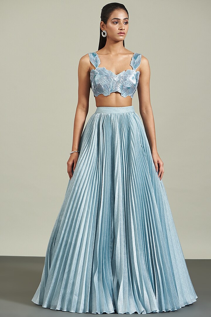 Ice Blue Striped Skirt Set by Amit Aggarwal