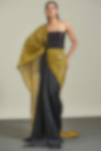 Black & Yellow Metallic Polymer Pre-Stitched Saree by Amit Aggarwal