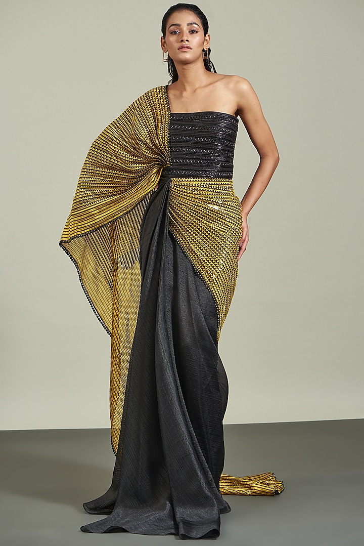 Black & Yellow Metallic Polymer Pre-Stitched Saree by Amit Aggarwal