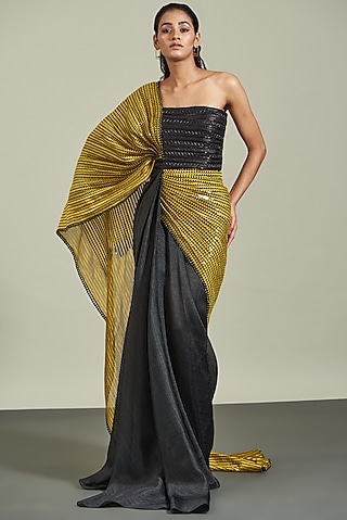 Black & Yellow Metallic Polymer Pre-Stitched Saree by Amit Aggarwal