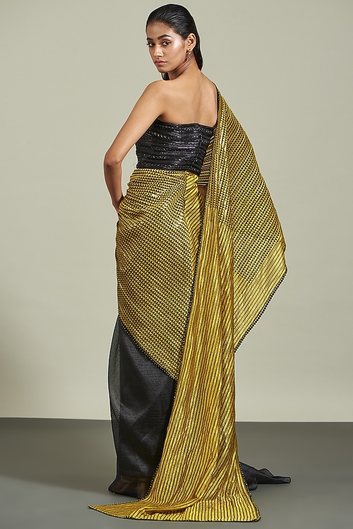 Black & Yellow Metallic Polymer Pre-Stitched Reception Saree by Amit Aggarwal at Pernia's Pop Up Shop