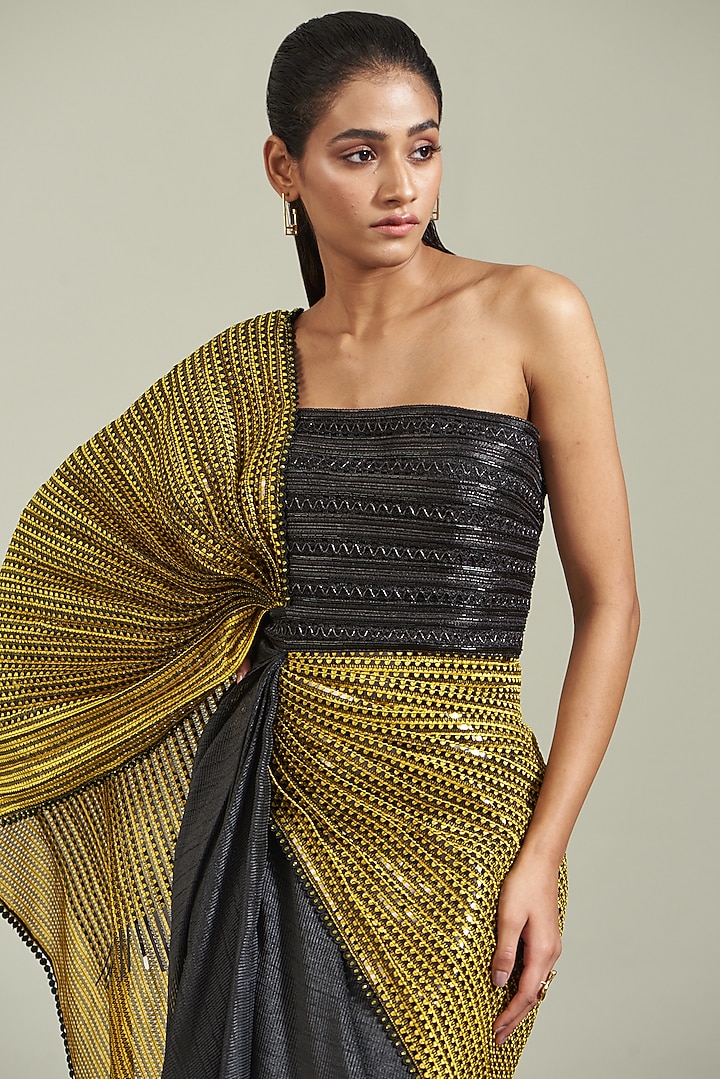 Black & Yellow Metallic Polymer Pre-Stitched Reception Saree by Amit Aggarwal at Pernia's Pop Up Shop