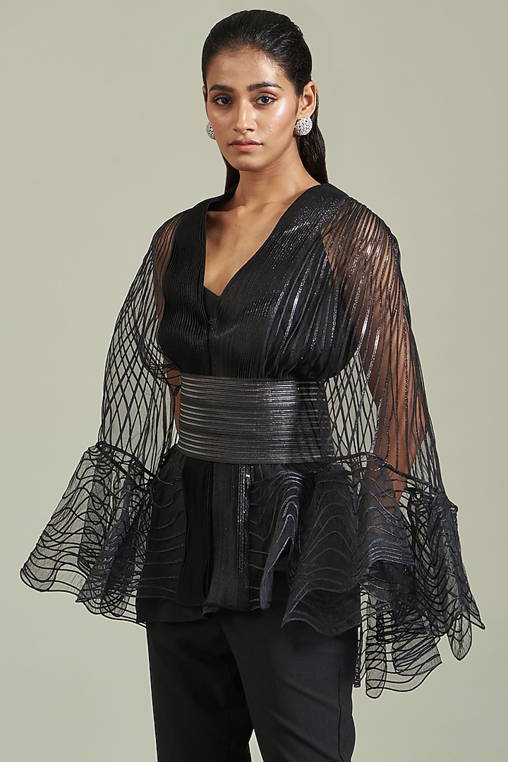 Black Tulle Cape With Belt by Amit Aggarwal at Pernia's Pop Up Shop