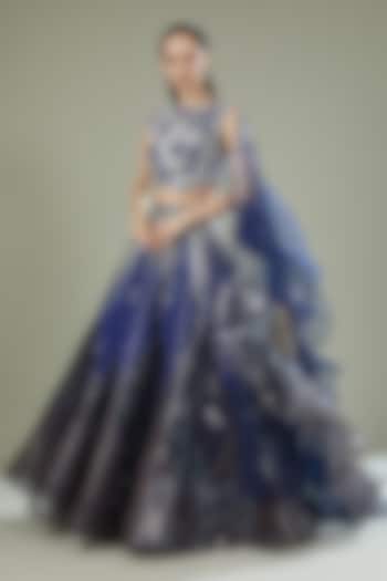 Ink Blue-Pewter Metallic Tulle Bridal Lehenga Set by Amit Aggarwal at Pernia's Pop Up Shop