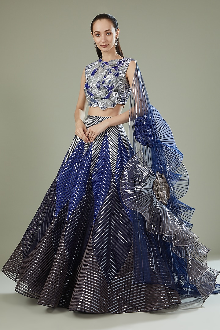 Ink Blue-Pewter Metallic Tulle Bridal Lehenga Set by Amit Aggarwal at Pernia's Pop Up Shop