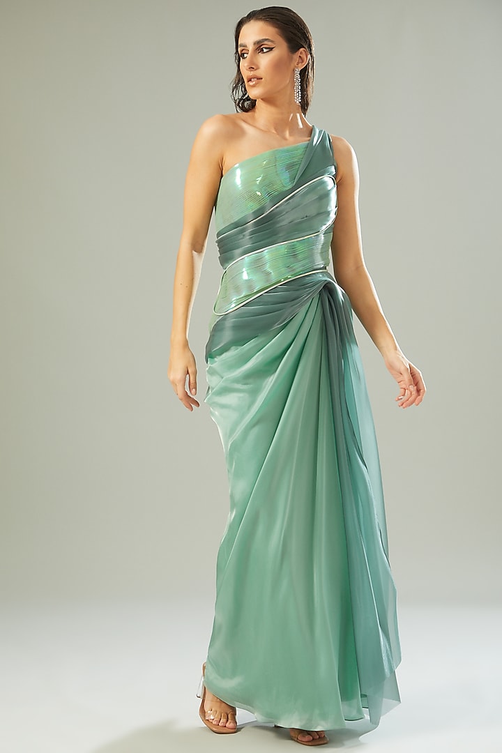 Mint Polymer Metallic & Organza Draped Wedding Gown by Amit Aggarwal at Pernia's Pop Up Shop