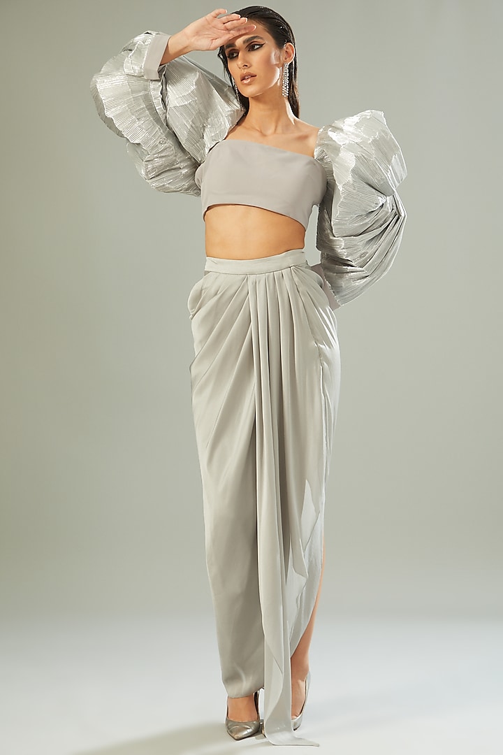 Silver Cotton Satin & Stretch Crepe Skirt Set by Amit Aggarwal