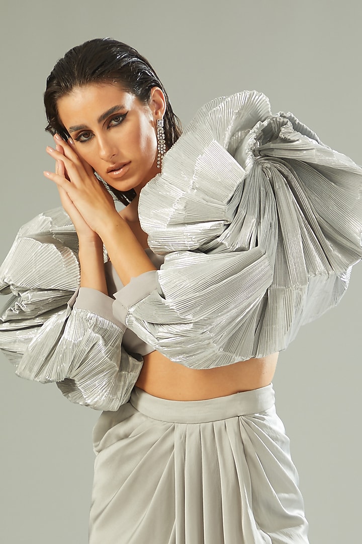 Silver Cotton Satin & Stretch Crepe Skirt Set by Amit Aggarwal at Pernia's Pop Up Shop