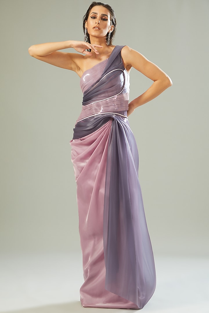 Blush Pink Polymer Metallic & Organza Draped Wedding Gown by Amit Aggarwal at Pernia's Pop Up Shop