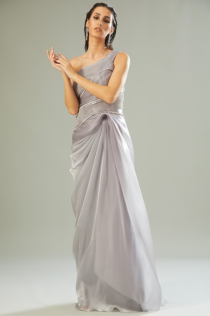 Silver Polymer Metallic & Organza Draped Wedding Gown by Amit Aggarwal at Pernia's Pop Up Shop