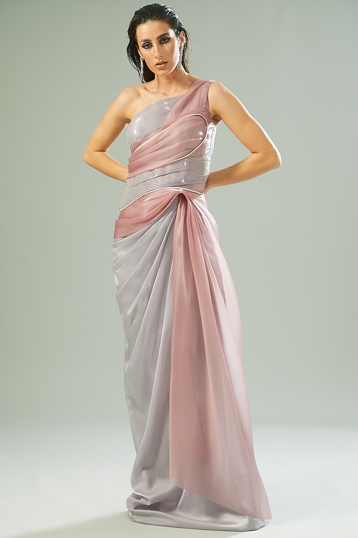 Silver Polymer Metallic & Organza Draped Wedding Gown by Amit Aggarwal at Pernia's Pop Up Shop