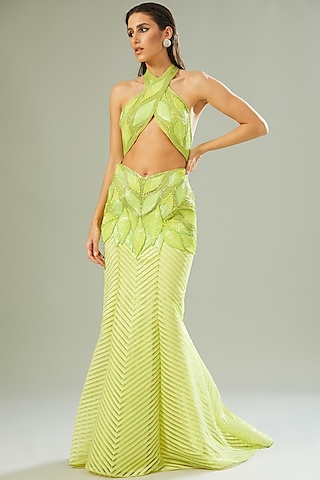 Lime Green Chiffon Gown by Amit Aggarwal
