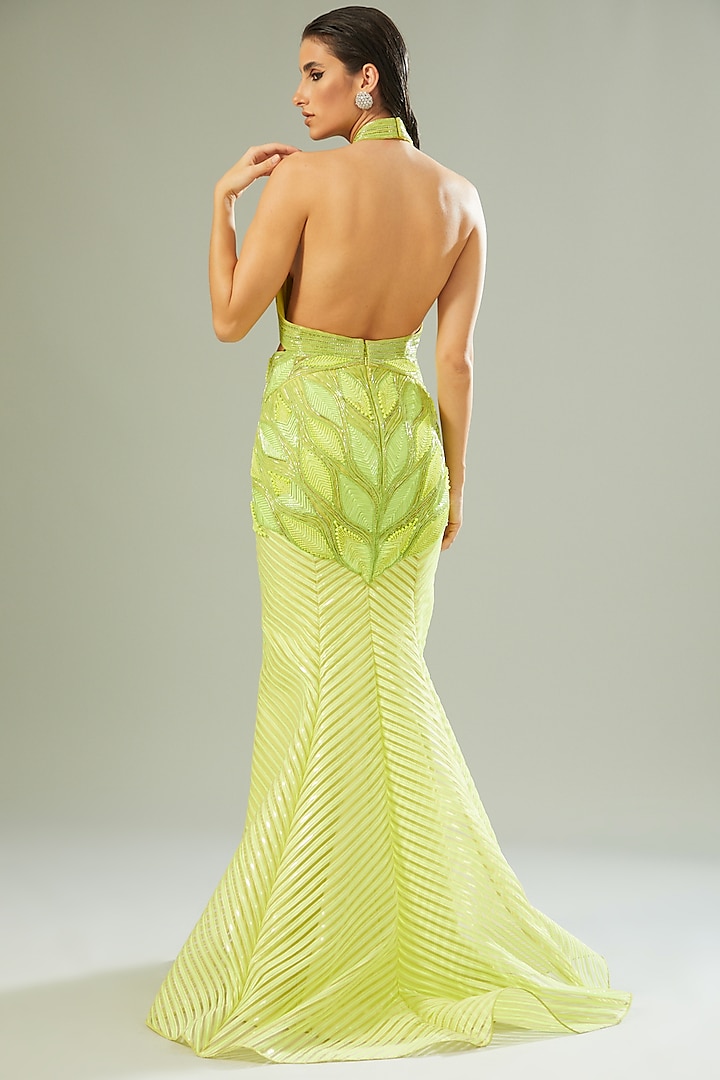 Lime Green Chiffon Bridal Gown by Amit Aggarwal at Pernia's Pop Up Shop