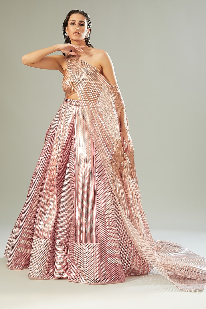 Blush Pink Handwoven Tulle Bridal Lehenga Set by Amit Aggarwal at Pernia's Pop Up Shop