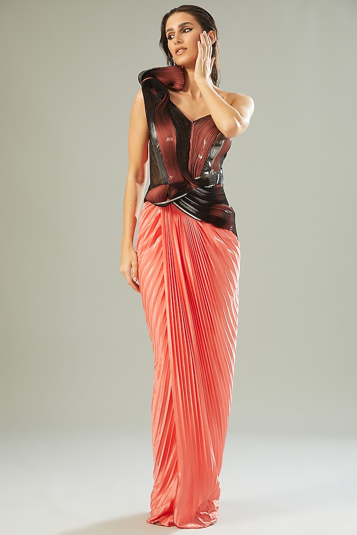Coral Metallic Jersey Moulded Wedding Gown by Amit Aggarwal at Pernia's Pop Up Shop
