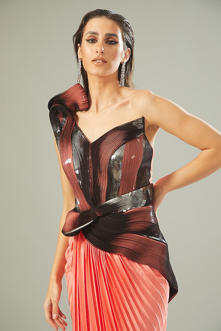 Coral Metallic Jersey Moulded Wedding Gown by Amit Aggarwal at Pernia's Pop Up Shop