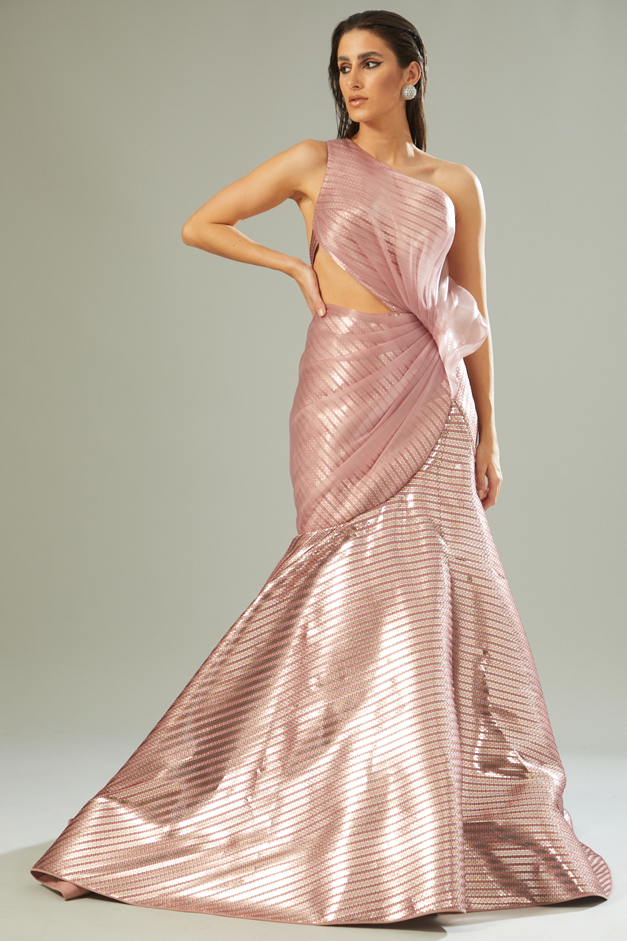 Blush Pink Mesh Fabric Draped Bridal Gown by Amit Aggarwal at Pernia's Pop Up Shop