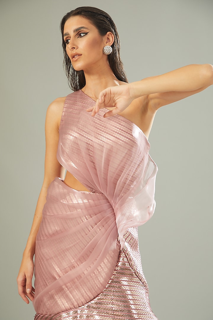 Blush Pink Mesh Fabric Draped Bridal Gown by Amit Aggarwal at Pernia's Pop Up Shop