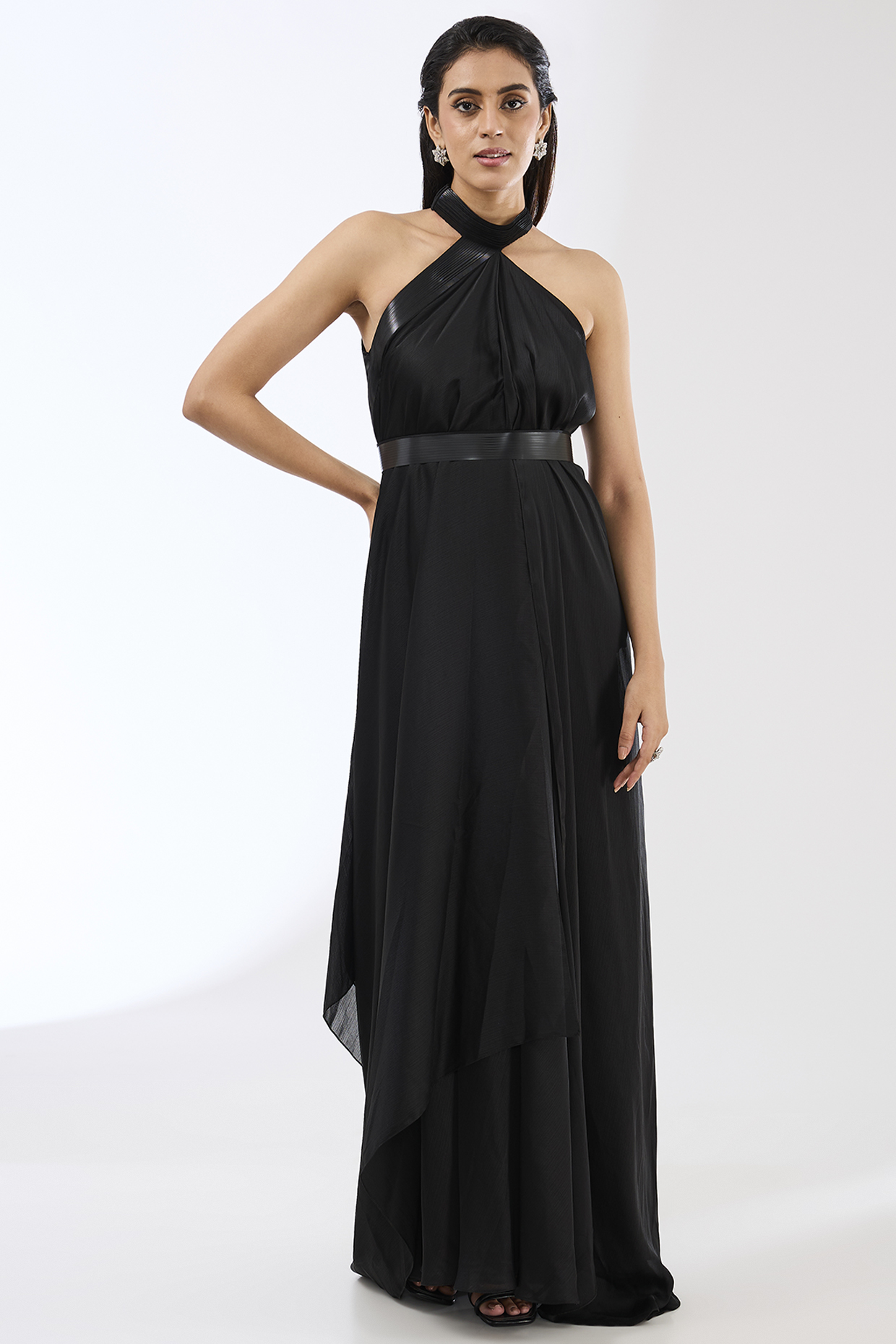 Black Satin Chiffon Maxi Dress With Belt by Amit Aggarwal at Pernia's Pop Up Shop