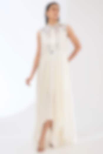 Ivory Silver Satin Chiffon Maxi Cocktail Dress by Amit Aggarwal at Pernia's Pop Up Shop