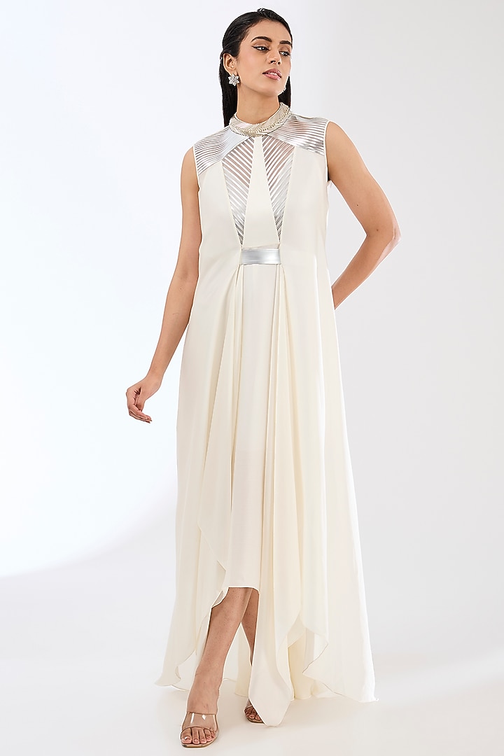 Ivory Silver Satin Chiffon Maxi Cocktail Dress by Amit Aggarwal at Pernia's Pop Up Shop