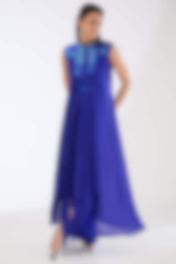 Royal Blue Satin Chiffon Maxi Cocktail Dress by Amit Aggarwal at Pernia's Pop Up Shop