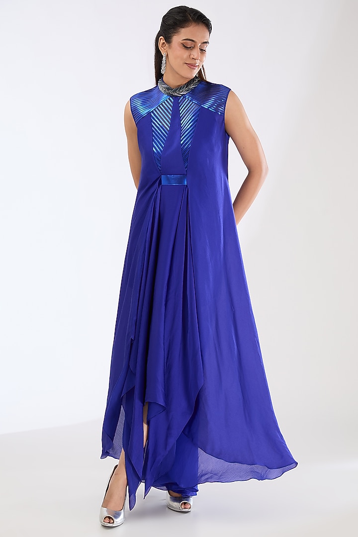 Royal Blue Satin Chiffon Maxi Cocktail Dress by Amit Aggarwal at Pernia's Pop Up Shop