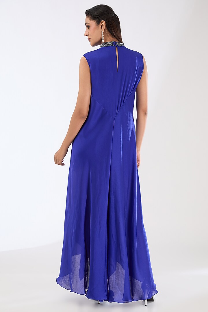Royal Blue Satin Chiffon Maxi Cocktail Dress by Amit Aggarwal at Pernia's Pop Up Shop