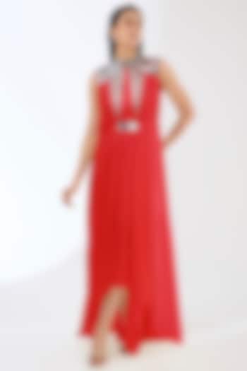 Red Satin Chiffon Maxi Cocktail Dress by Amit Aggarwal at Pernia's Pop Up Shop