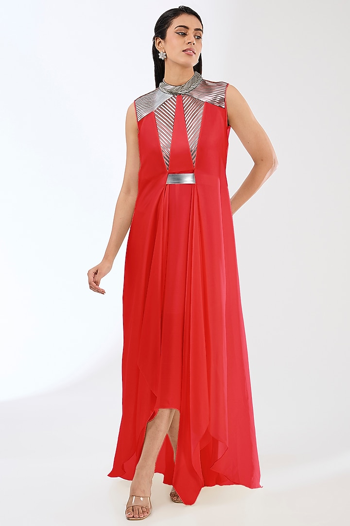 Red Satin Chiffon Maxi Cocktail Dress by Amit Aggarwal at Pernia's Pop Up Shop