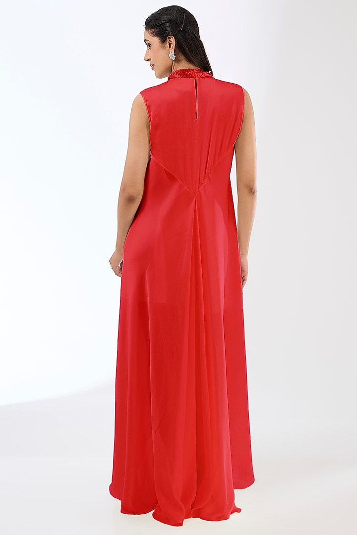 Red Satin Chiffon Maxi Cocktail Dress by Amit Aggarwal at Pernia's Pop Up Shop