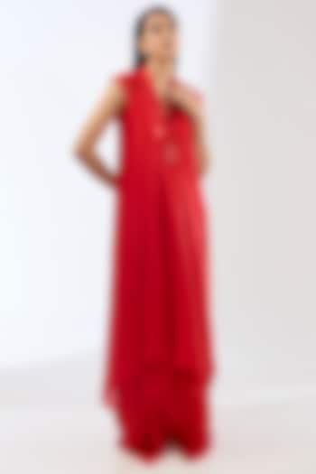 Red Satin Chiffon Cocktail Dress by Amit Aggarwal at Pernia's Pop Up Shop