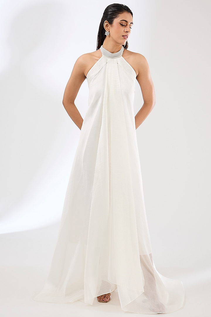 Pearl White Striped Organza Maxi Cocktail Dress by Amit Aggarwal at Pernia's Pop Up Shop
