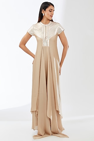 Sand Satin Chiffon Dress by Amit Aggarwal