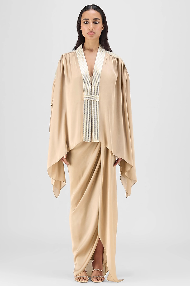 Sand Beige Chiffon Cape Set by Amit Aggarwal at Pernia's Pop Up Shop