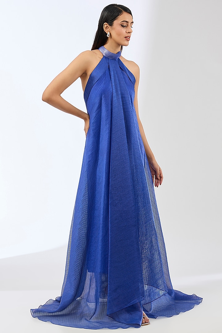 Royal Blue Stripe Organza Cocktail Dress by Amit Aggarwal at Pernia's Pop Up Shop