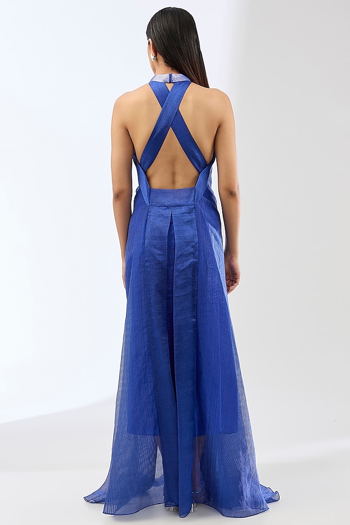 Royal Blue Stripe Organza Cocktail Dress by Amit Aggarwal at Pernia's Pop Up Shop