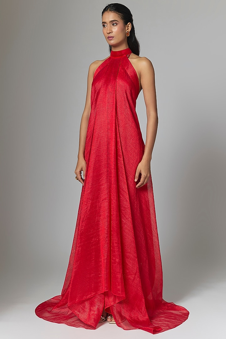 Red Striped Organza Maxi Cocktail Dress by Amit Aggarwal at Pernia's Pop Up Shop