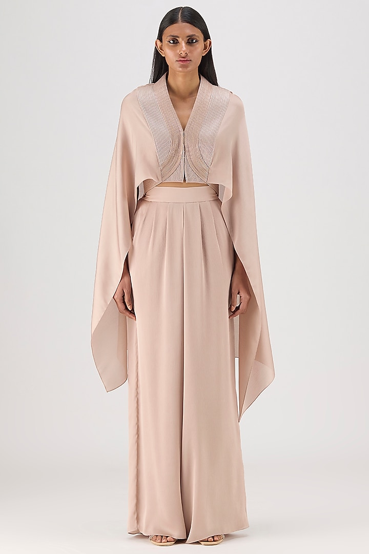 Skin-Colored Chiffon Metallic Structured Cape Set by Amit Aggarwal at Pernia's Pop Up Shop