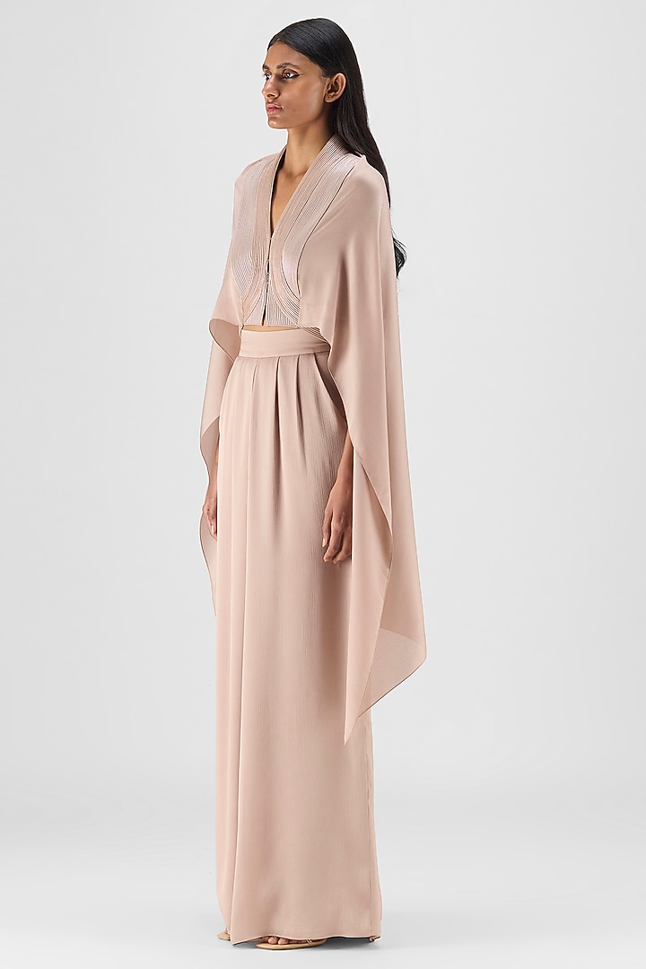 Skin-Colored Chiffon Metallic Structured Cape Set by Amit Aggarwal at Pernia's Pop Up Shop