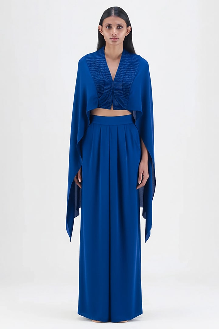 Royal Blue Chiffon & Polyester Pant Set by Amit Aggarwal at Pernia's Pop Up Shop
