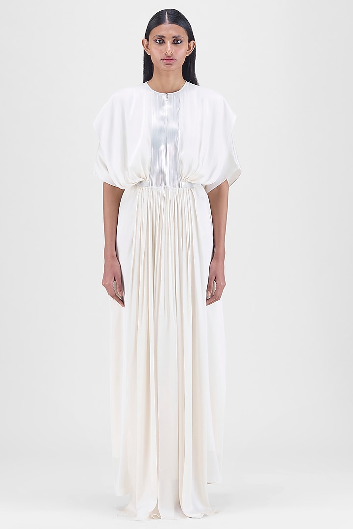 Pearl White Chiffon & Polyester Layered Fluid Cocktail Dress by Amit Aggarwal at Pernia's Pop Up Shop