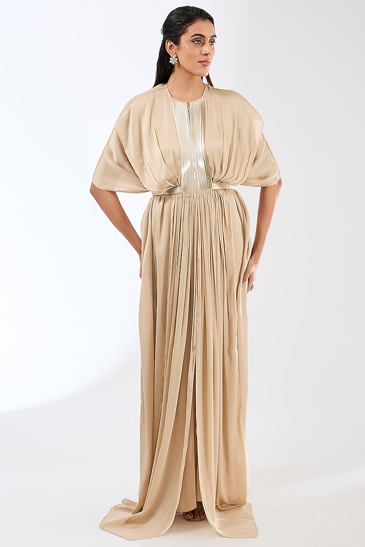 Sand-Colored Satin Chiffon Maxi Cocktail Dress by Amit Aggarwal at Pernia's Pop Up Shop
