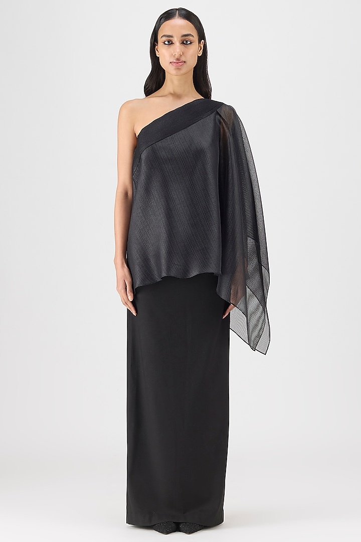 Black Metallic Organza Striped One-Shoulder Top by Amit Aggarwal at Pernia's Pop Up Shop