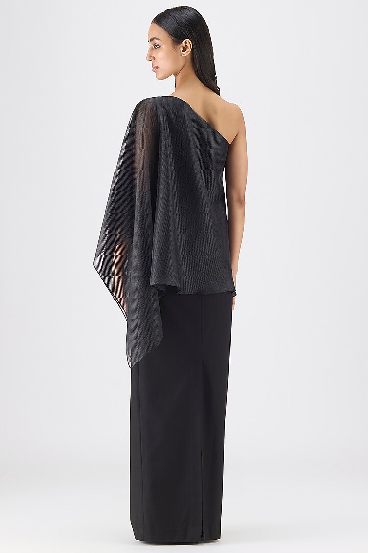 Black Metallic Organza Striped One-Shoulder Top by Amit Aggarwal