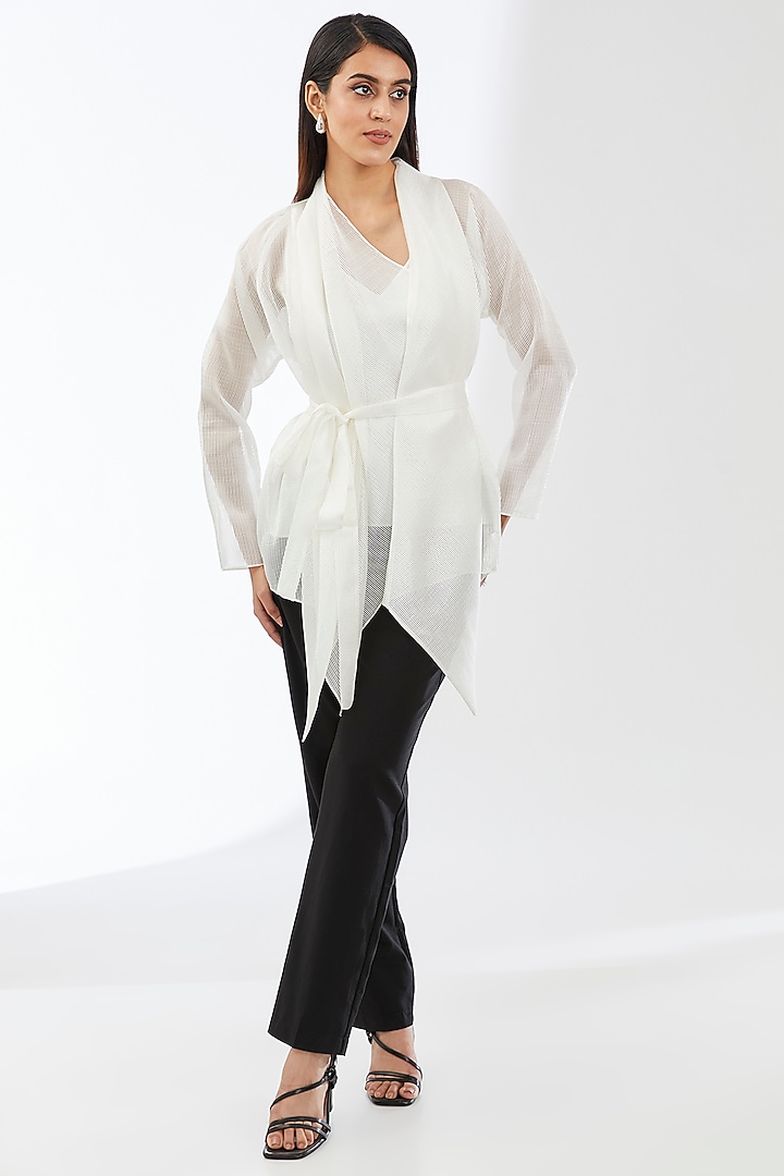 Pearl White Stripe Organza Cape Set by Amit Aggarwal at Pernia's Pop Up Shop
