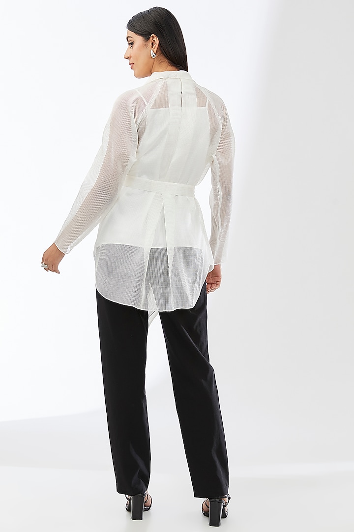 Pearl White Stripe Organza Cape Set by Amit Aggarwal at Pernia's Pop Up Shop